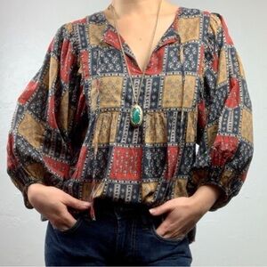 Anthropologie Sunner Patchwork 70s Hippie Peasant Blouse Balloon Sleeves Medium